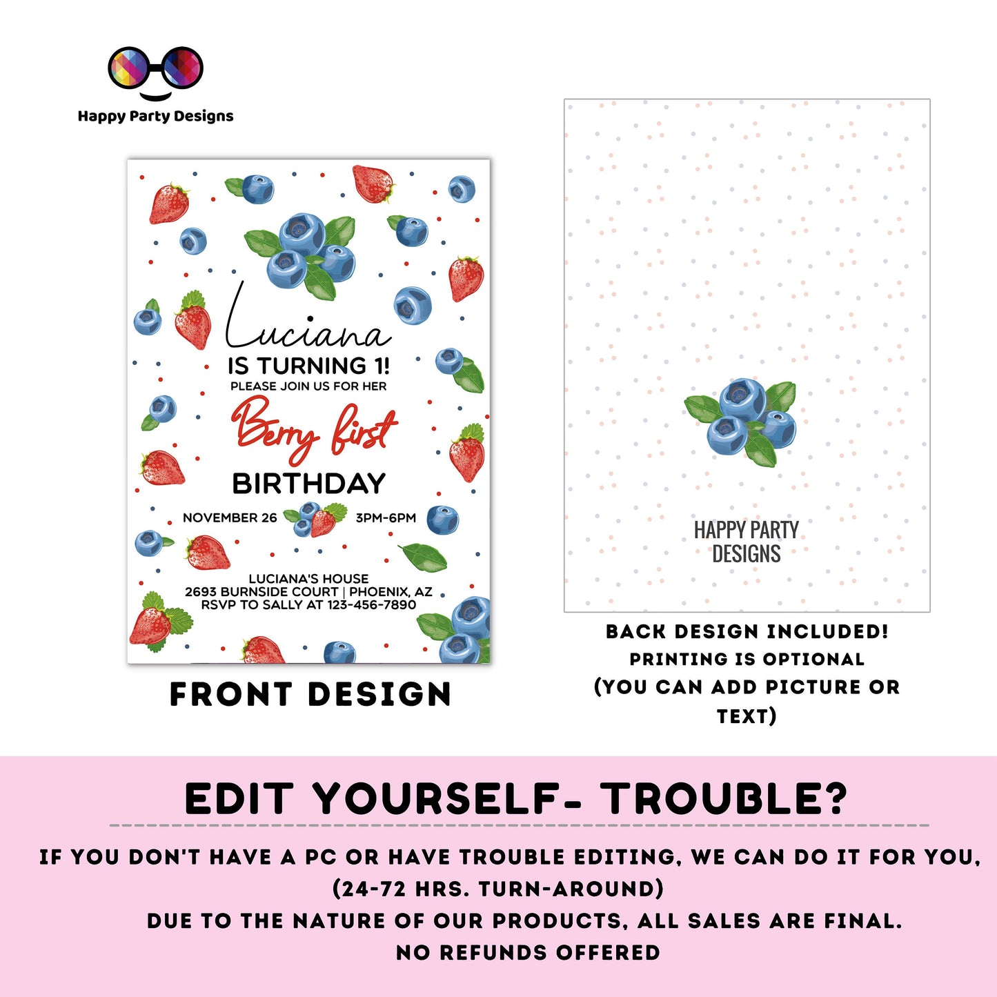 Editable watercolor strawberry invitation | Digital Strawberry printable invite | Birthday girl | Berry first Invitation #K271