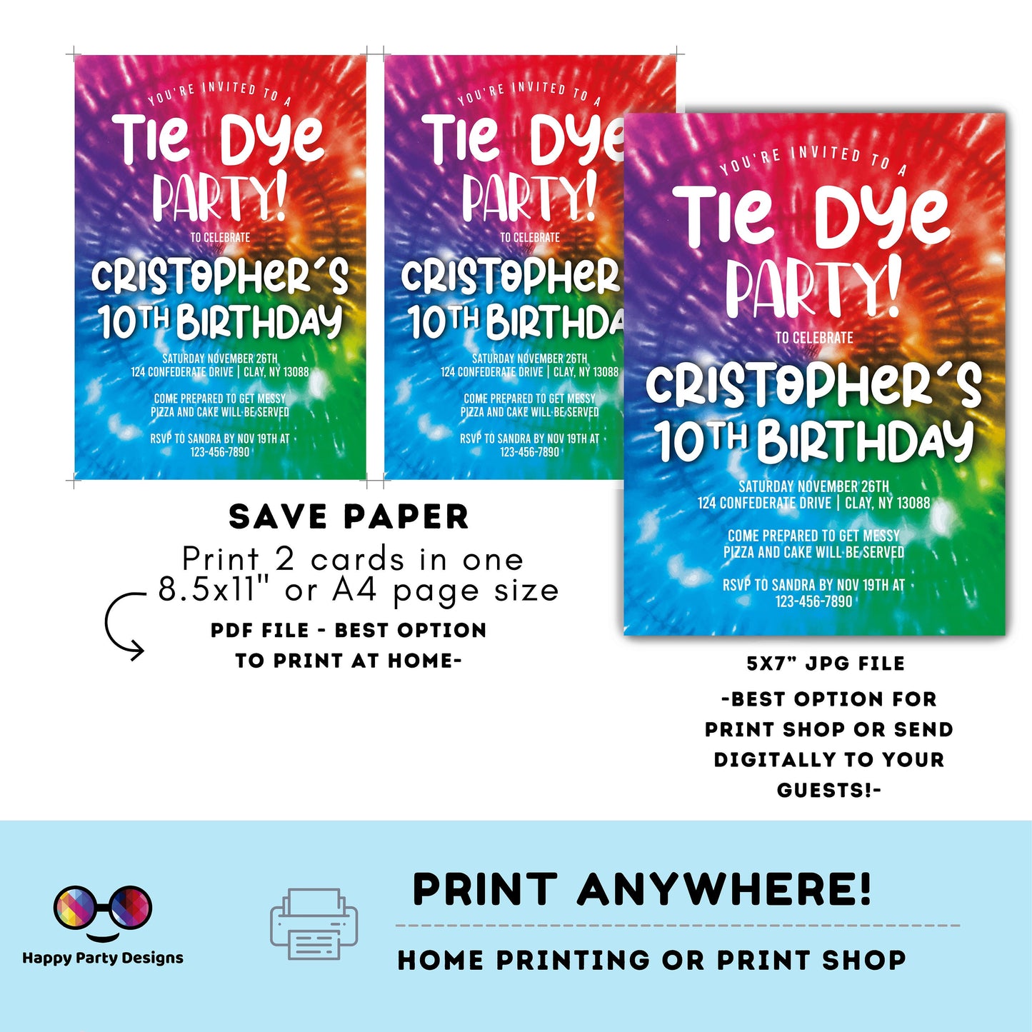 Editable Tie Dye Invitation Instant Download | colorful Tie Dye Birthday Invite | Editable Tie Dye Party Invite | Printable Tie-Dye #K228