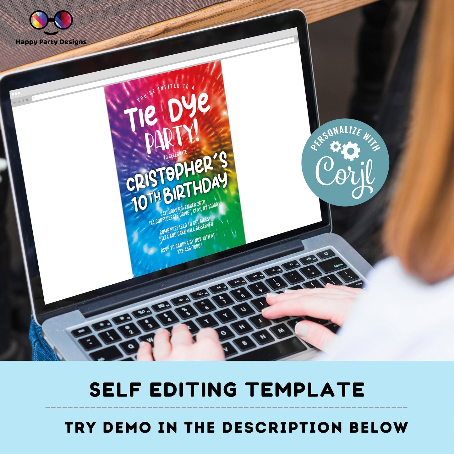 Editable Tie Dye Invitation Instant Download | colorful Tie Dye Birthday Invite | Editable Tie Dye Party Invite | Printable Tie-Dye #K228