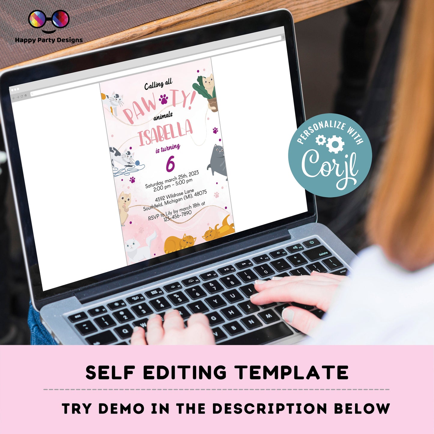 It's a Pawty Birthday | cats Invitation | Cat Birthday invitation | Pawty Birthday Invitation | digital invitation Personalize Online #K272
