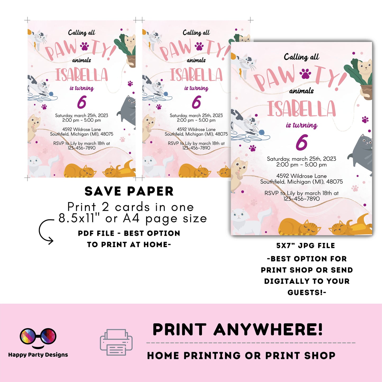 It's a Pawty Birthday | cats Invitation | Cat Birthday invitation | Pawty Birthday Invitation | digital invitation Personalize Online #K272