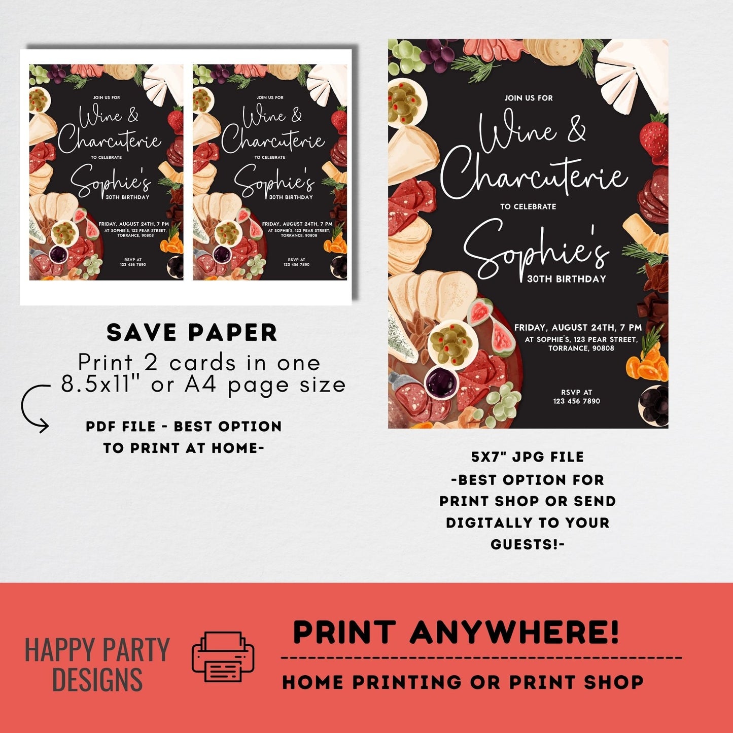 Wine and Charcuterie Party Invitation Template | Printable or send online Invite | Charcuterie invitation template | wine and ham #A53