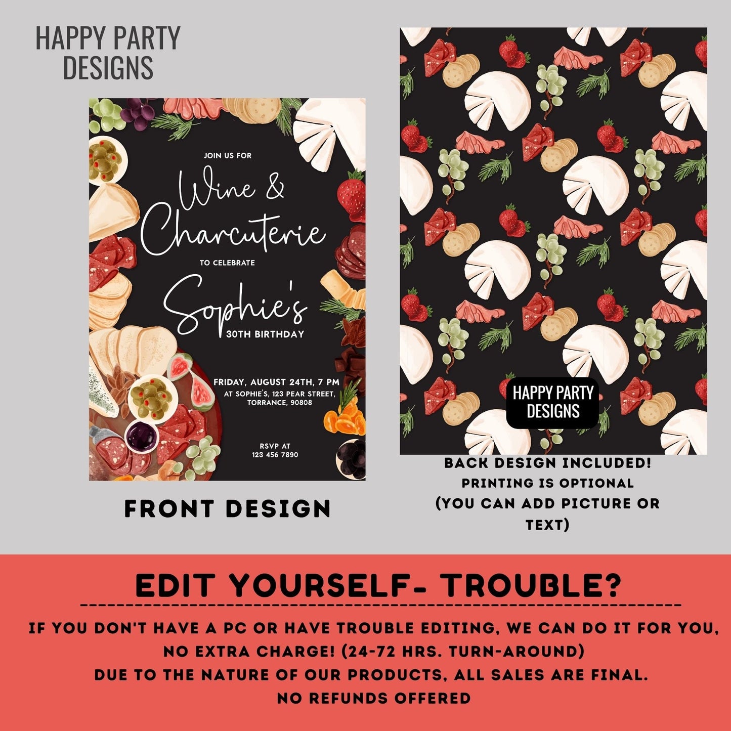 Wine and Charcuterie Party Invitation Template | Printable or send online Invite | Charcuterie invitation template | wine and ham #A53