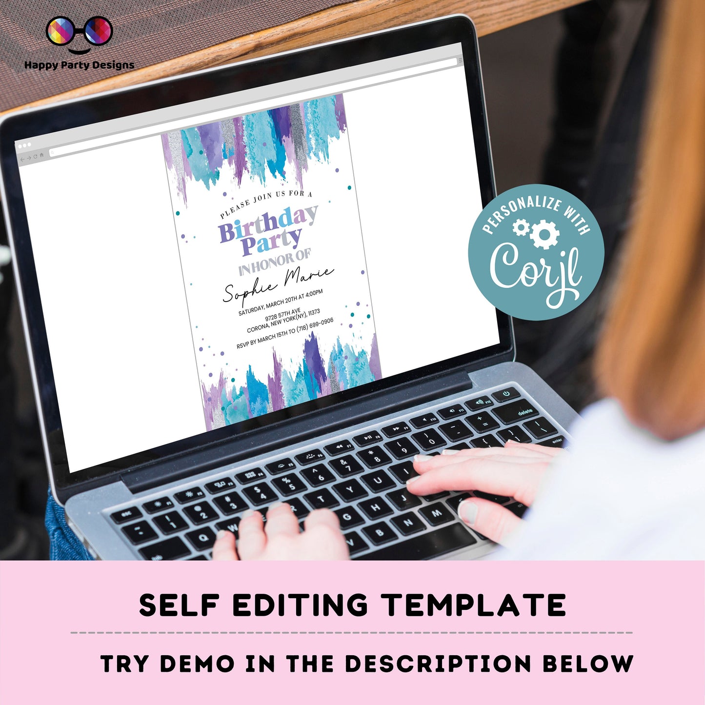 Editable Teal and purple Invitation Instant Download | teen Birthday Invitation | Editable confetti Party Invite | Printable #K273