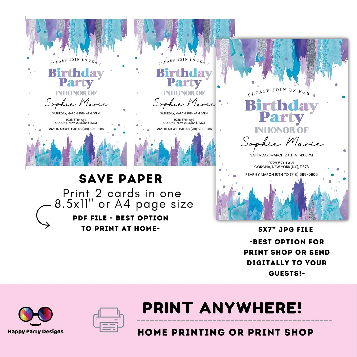Editable Teal and purple Invitation Instant Download | teen Birthday Invitation | Editable confetti Party Invite | Printable #K273
