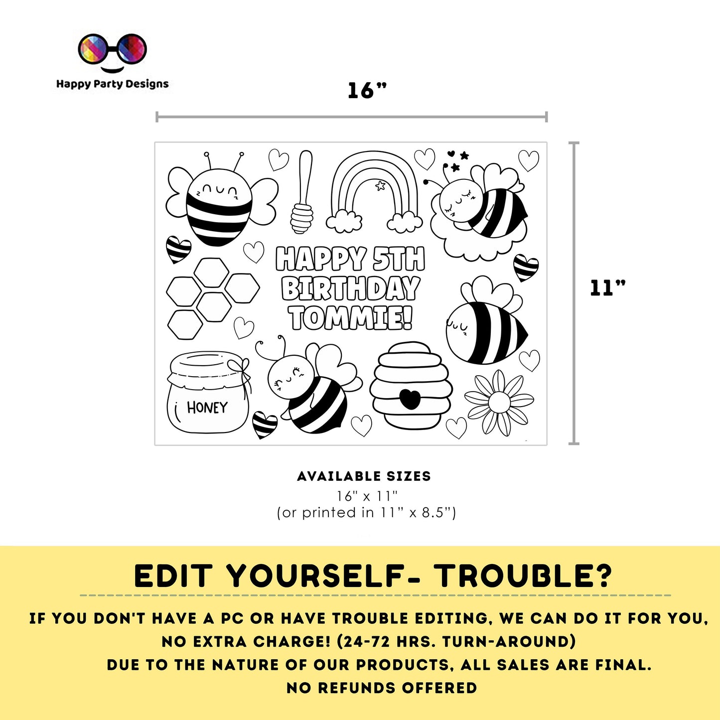 Editable bumble bee coloring page | Placemat coloring page | Any Age | Baby shower | Birthday activity | party placemat | Bumble bee