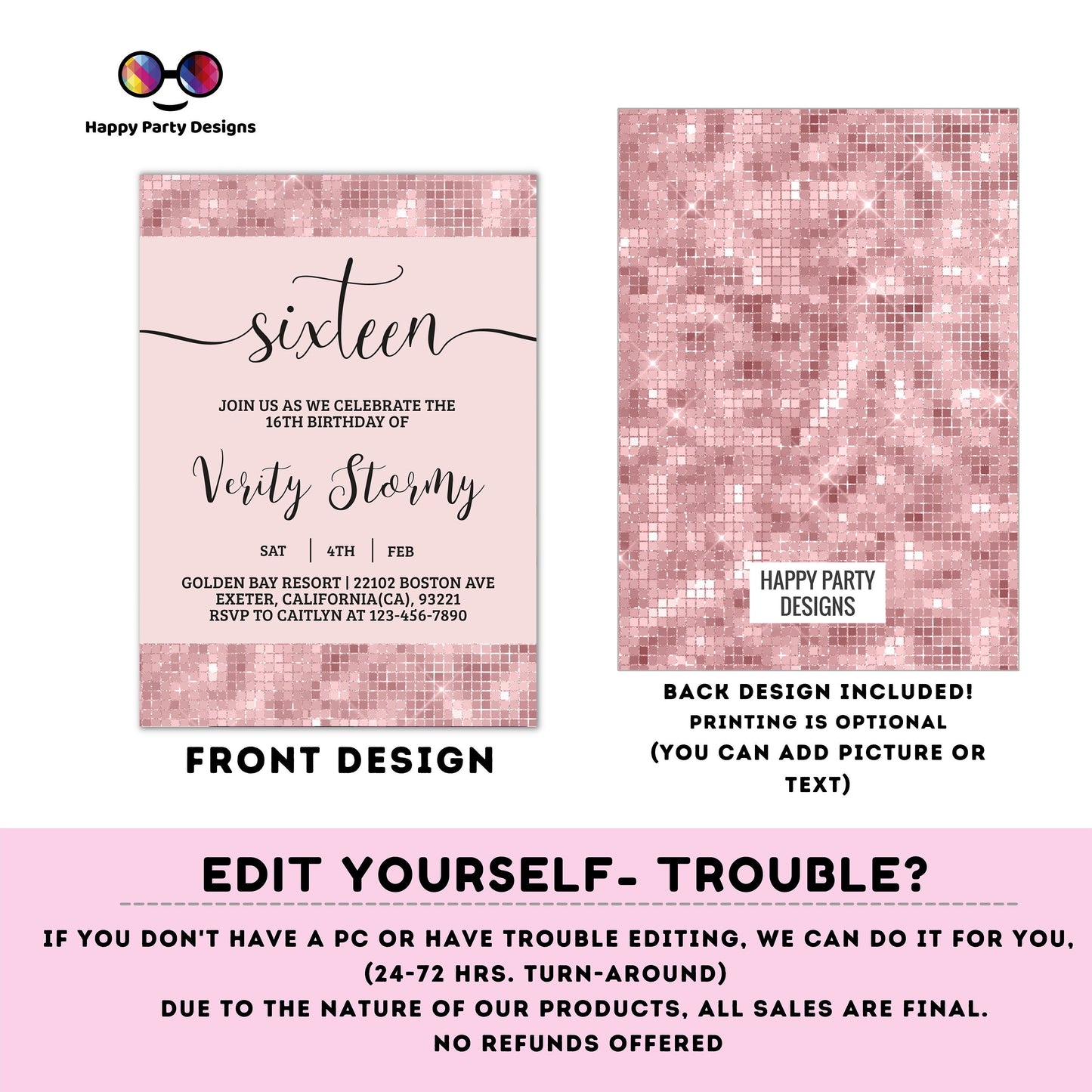 Editable Sweet Sixteen Invitation | Rose Gold Glitter Birthday Invitation | 16th Birthday | Glittery Girl Birthday | Blush Pink #K274