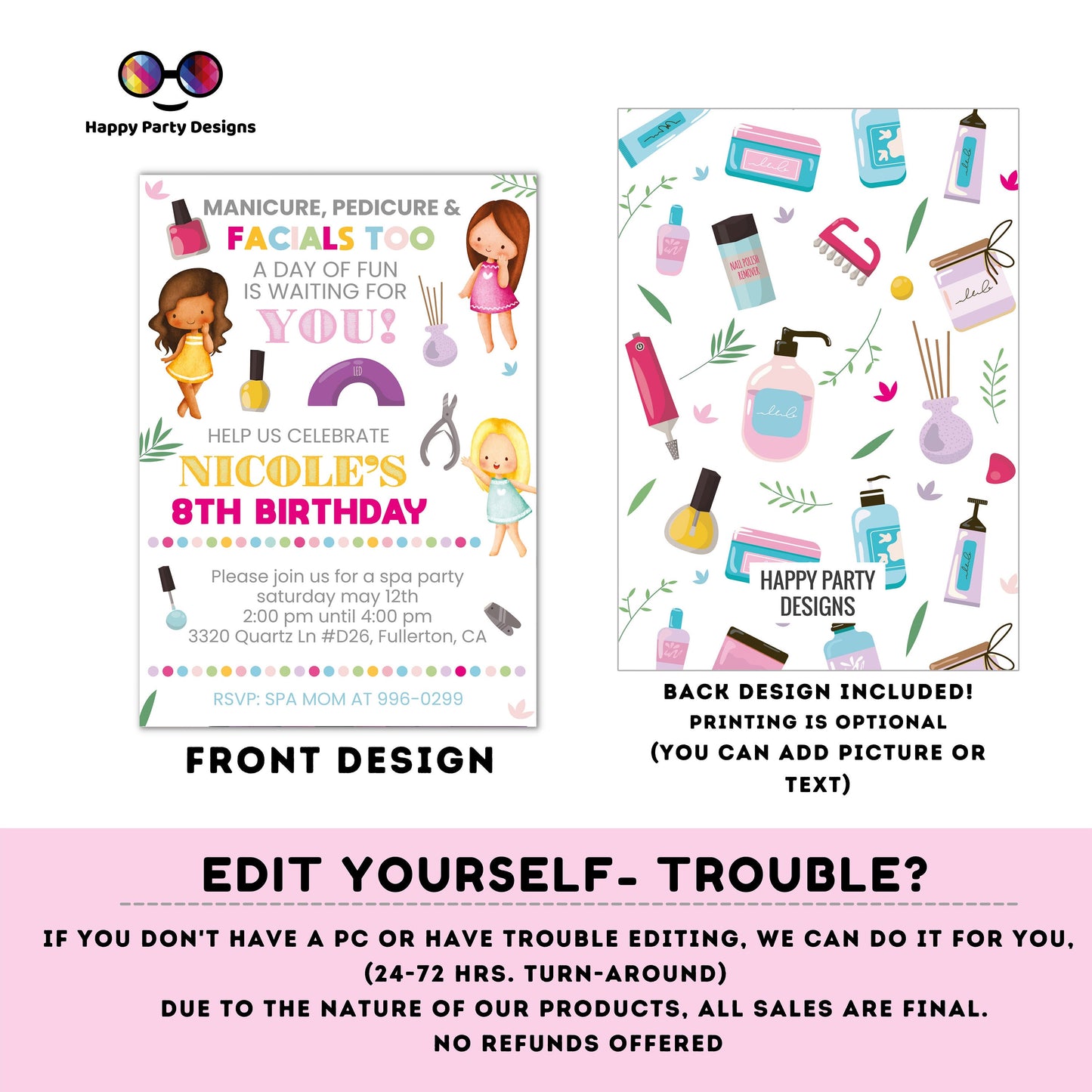 Editable Manicures pedicures and Facials too | girls spa party invitation editable template | glam makeup & nails spa birthday party #K288