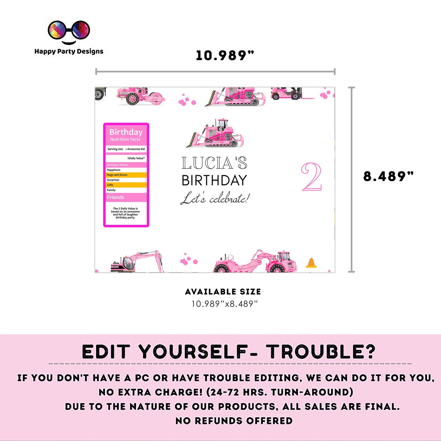 Editable under construction Chip Bag | Digital trucks printable Chip Bag | Party Snack trucks birthday girl | Personalized Favors #K69