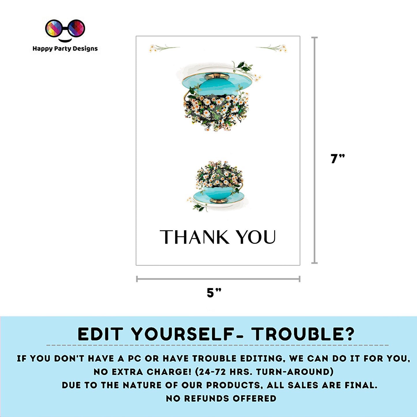 Printable Tea Thank You Card | Bridal Shower | Baby Shower | Folded Notes Blank Inside | Tea Party Thank You Card Template #W2