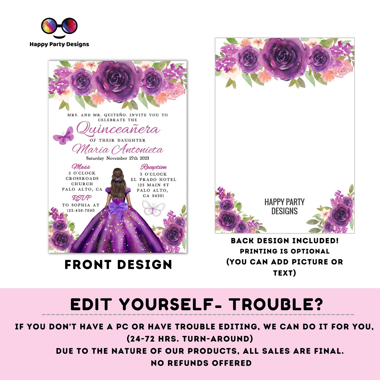 Editable PURPLE dress Quinceañera Invitation | TEMPLATE Mis Quince 15 | 16th Birthday Instant Download | Girl Birthday #K277