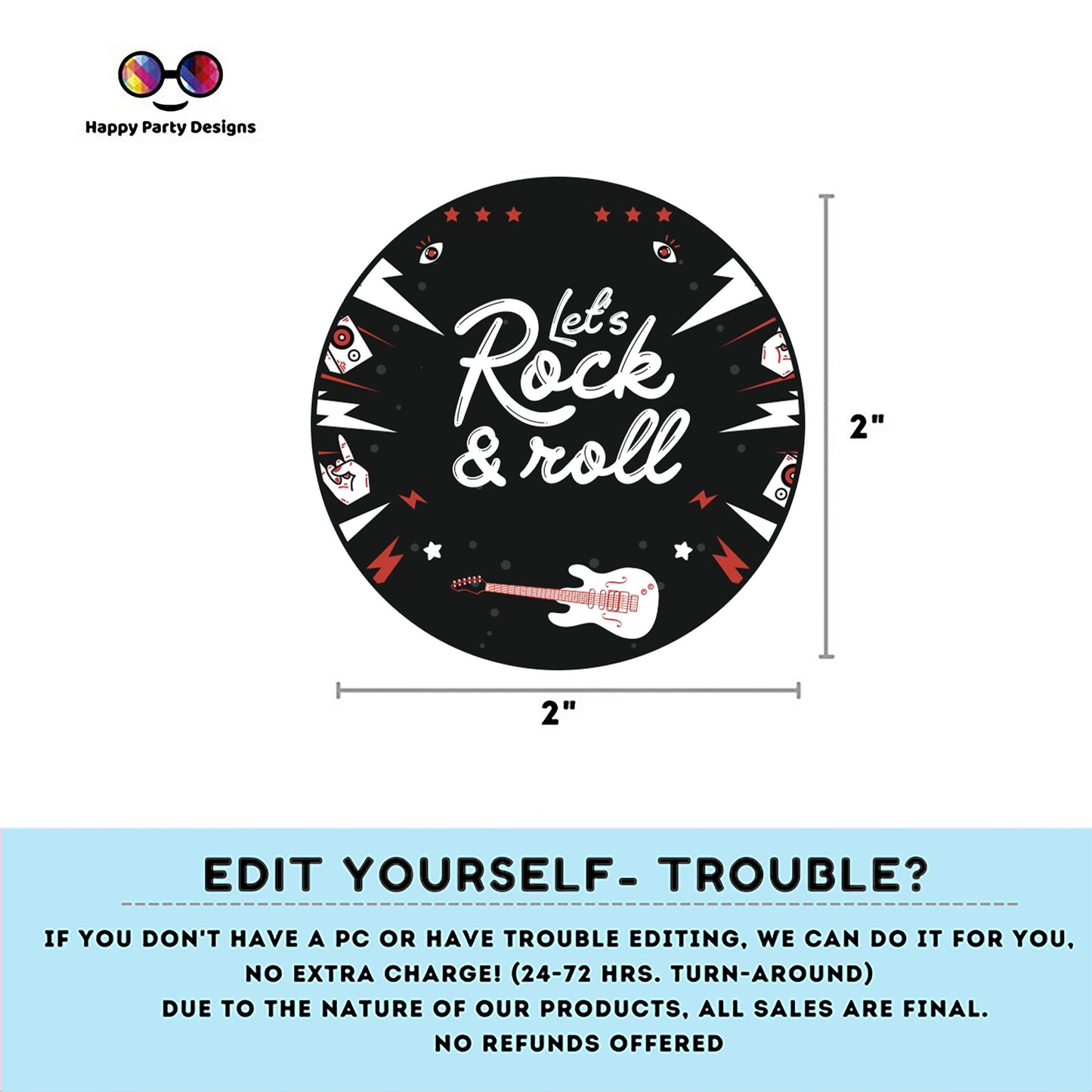 EDITABLE rock n roll round cupcake toppers | rockstar Party | Birthday Boy | black and white Birthday stickers | Let's rock #K262