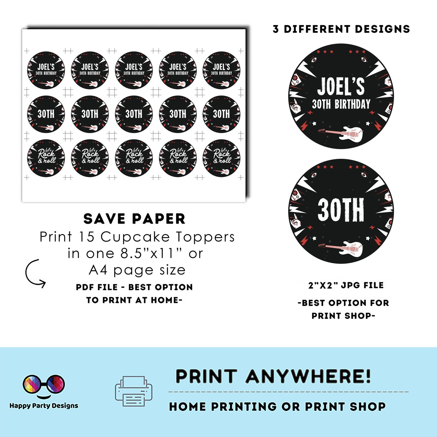 EDITABLE rock n roll round cupcake toppers | rockstar Party | Birthday Boy | black and white Birthday stickers | Let's rock #K262