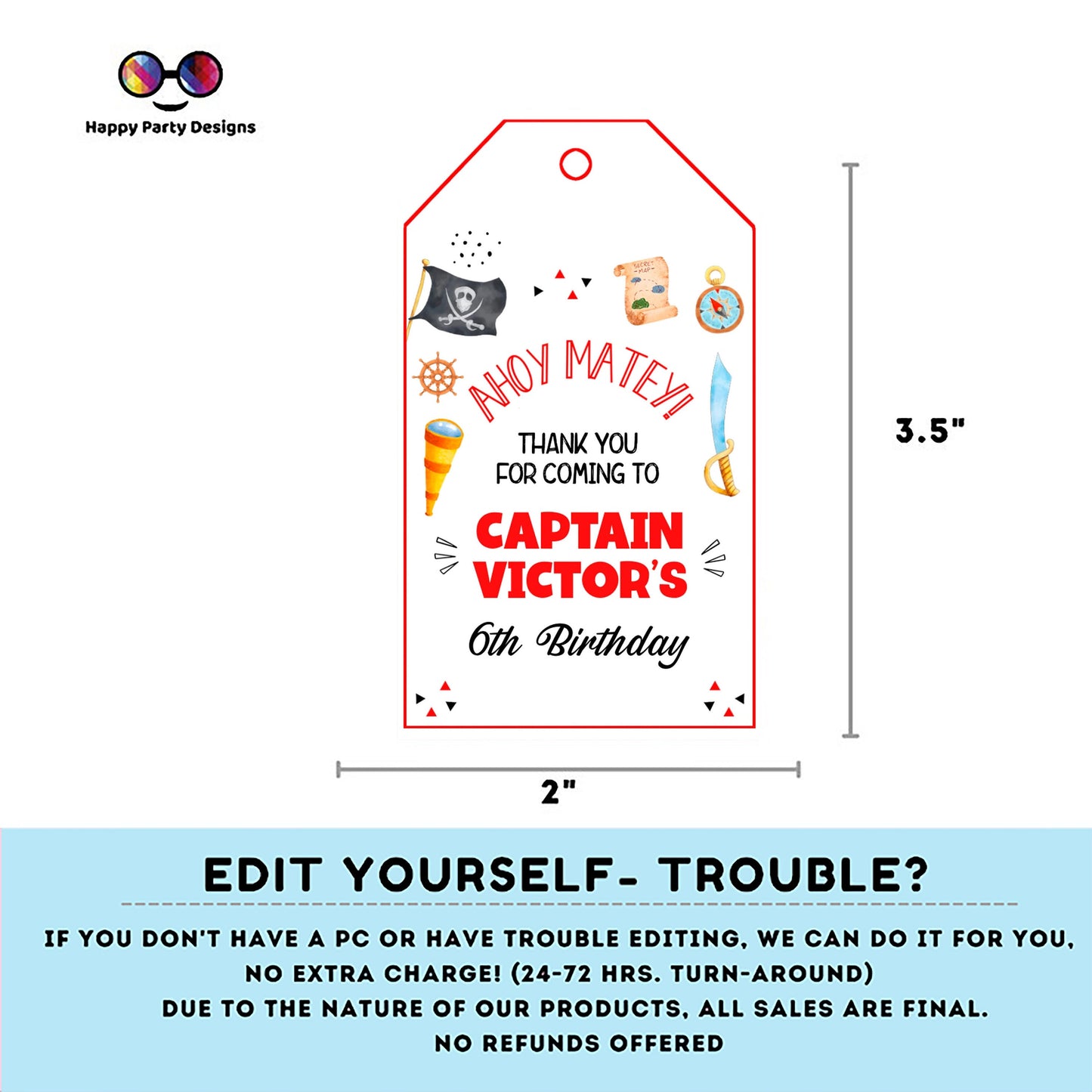 Editable pirate Thank You Favor Tag | Captain Printable Gift Tag | Ahoy Matey Birthday boy | Pirate Bday Template #K108
