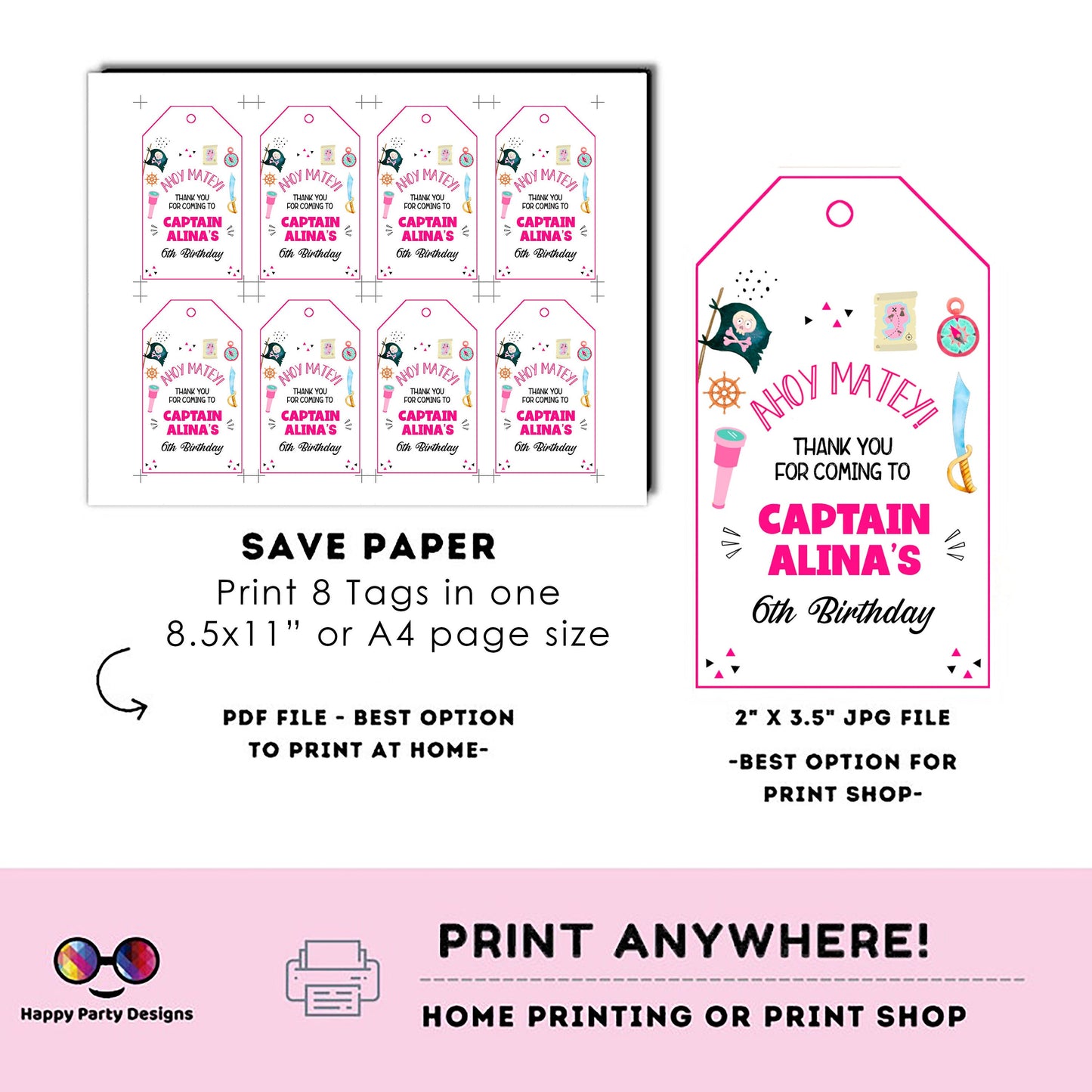 Editable pirate Thank You Favor Tag | Captain Printable Gift Tag | Ahoy Matey Birthday girl | Pirate Bday Template #K108