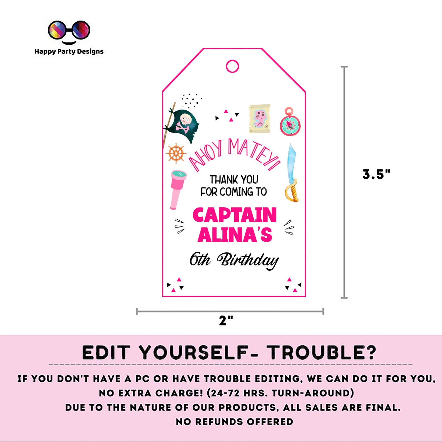 Editable pirate Thank You Favor Tag | Captain Printable Gift Tag | Ahoy Matey Birthday girl | Pirate Bday Template #K108