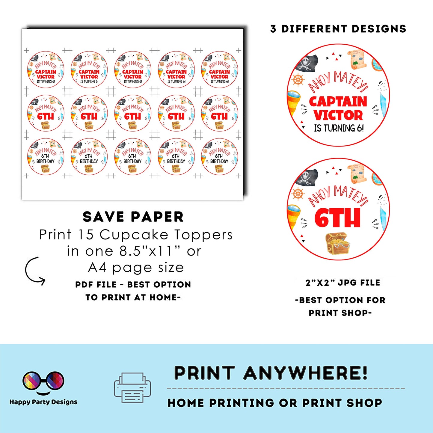 EDITABLE pirates round cupcake toppers | Pirates Party | Birthday Boy | Ahoy Birthday stickers | Pirate decoration | Printable toppers #K108
