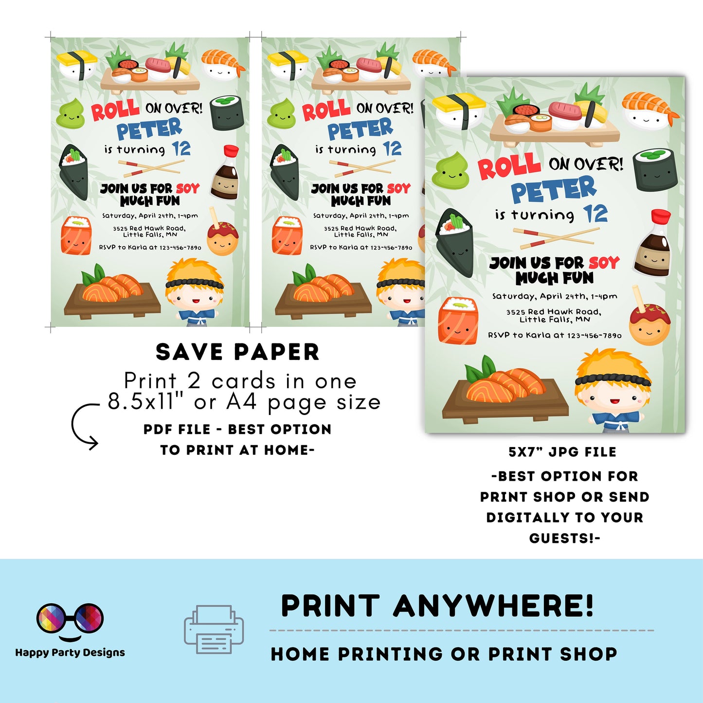 Editable Sushi Birthday party invitation | Sushi invitation | Any Age | Cute Sushi birthday | Cute Sushi Party | Sushi Birthday #K91