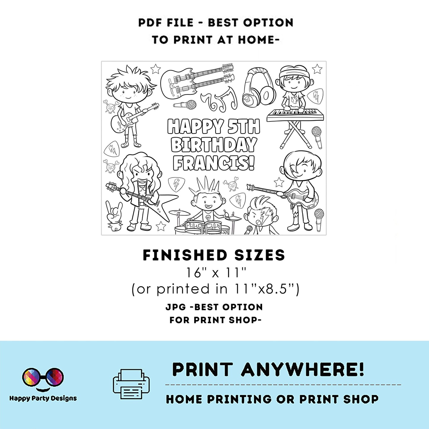 Editable Rockstar Birthday coloring page | Placemat coloring page | Any Age | Rock and Roll birthday party activity | bag filler | boy #K150