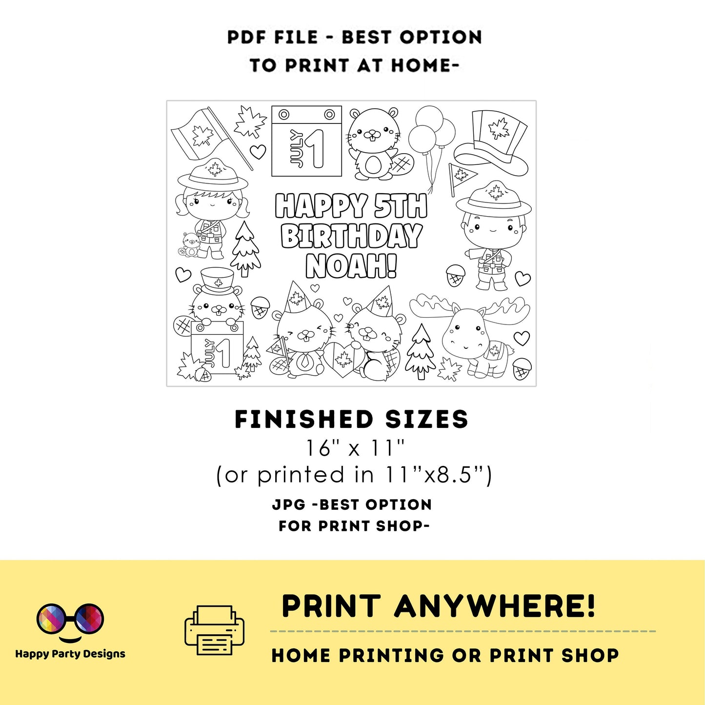 Editable Canada Day Coloring Page | Coloring Placemat | moose | Beaver | Canada flag | Party Supplies | Instant Download | Printable #K281
