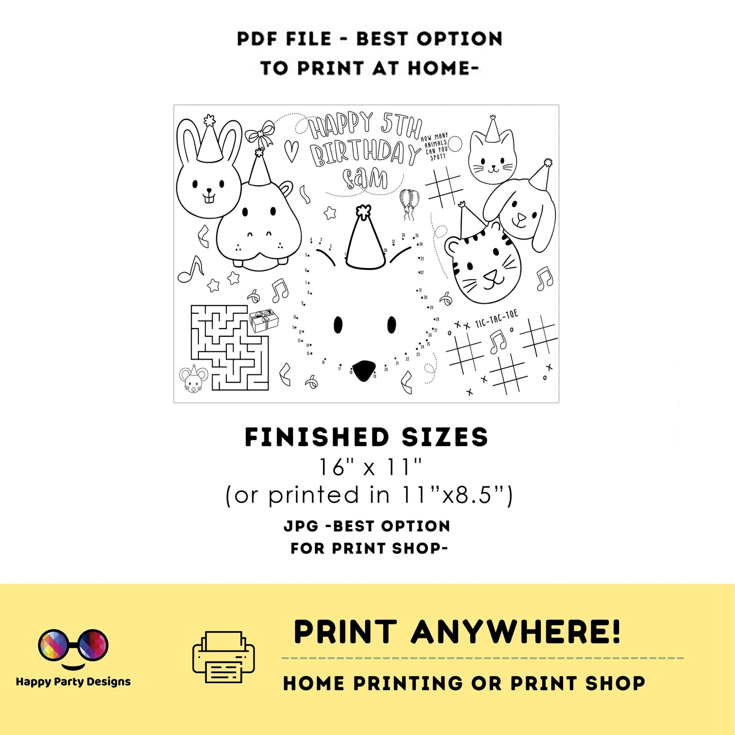 Editable party animals coloring page | First birthday | Any Age | party Animals Birthday Party | Zoo Jungle Party | hat animals #K202