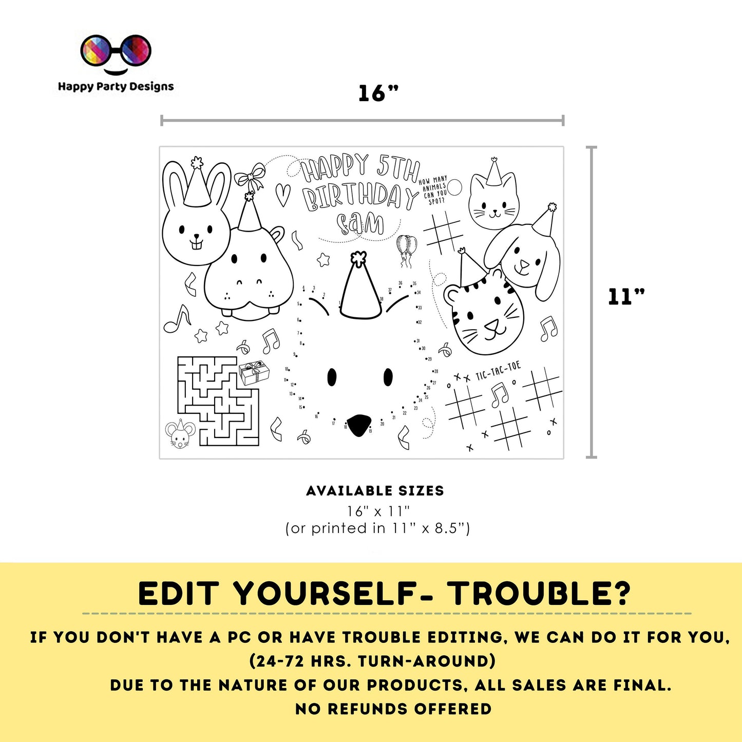 Editable party animals coloring page | First birthday | Any Age | party Animals Birthday Party | Zoo Jungle Party | hat animals #K202