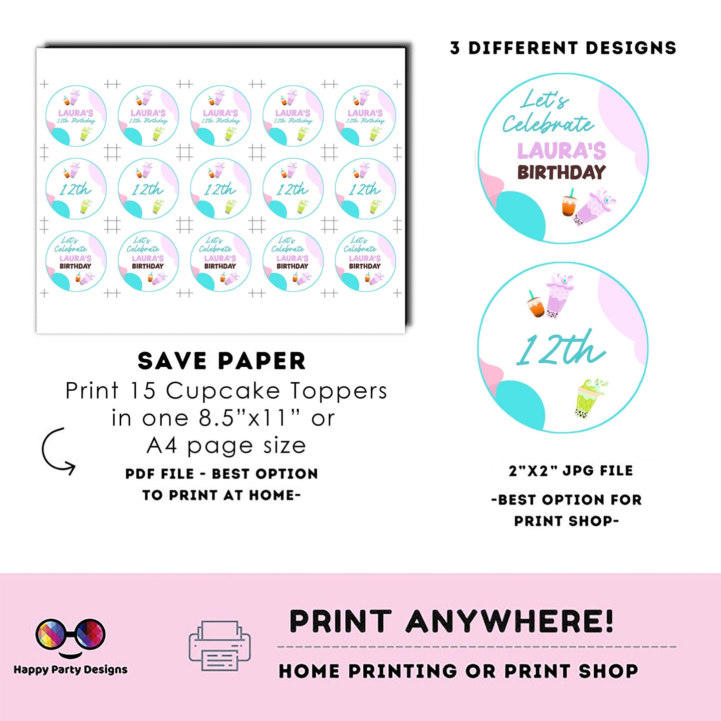 Editable Tea Party birthday | tea Party cupcake toppers | Boba Tea Party Template | Instant download | Bubble Tea Par-Tea | Boba Tea #K121