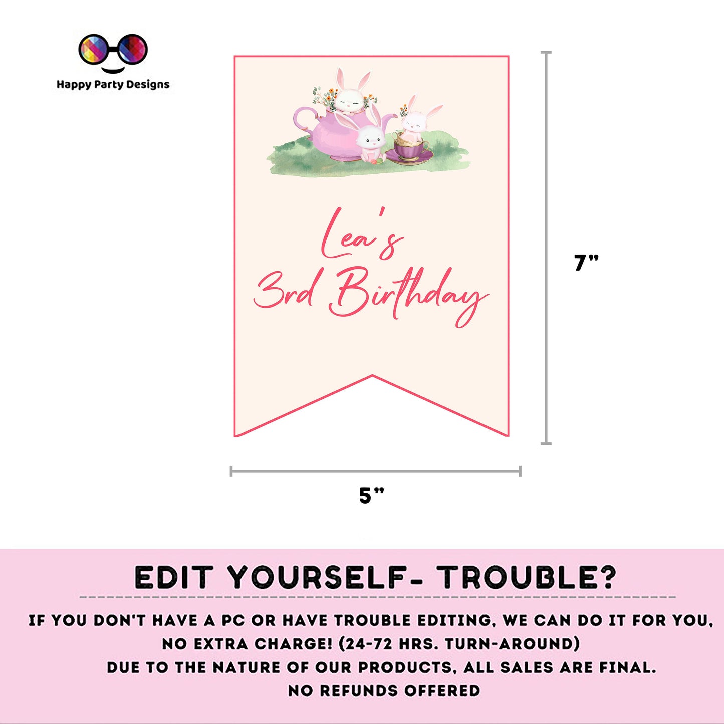 Editable tea party happy birthday banner | birthday | baby shower | tea for three | banner | Gift Tag | Template | Baby | garland #K120