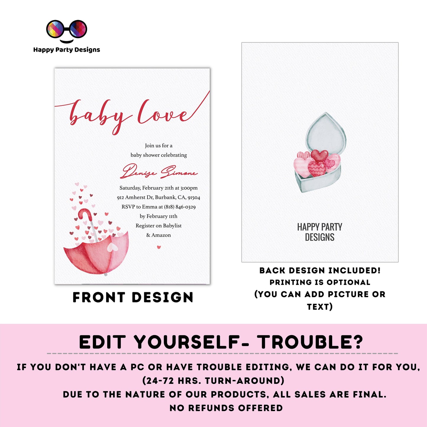 Editable Valentines baby shower invitation | baby love Invitation | Valentine | Printable Valentine's Invitation #A58