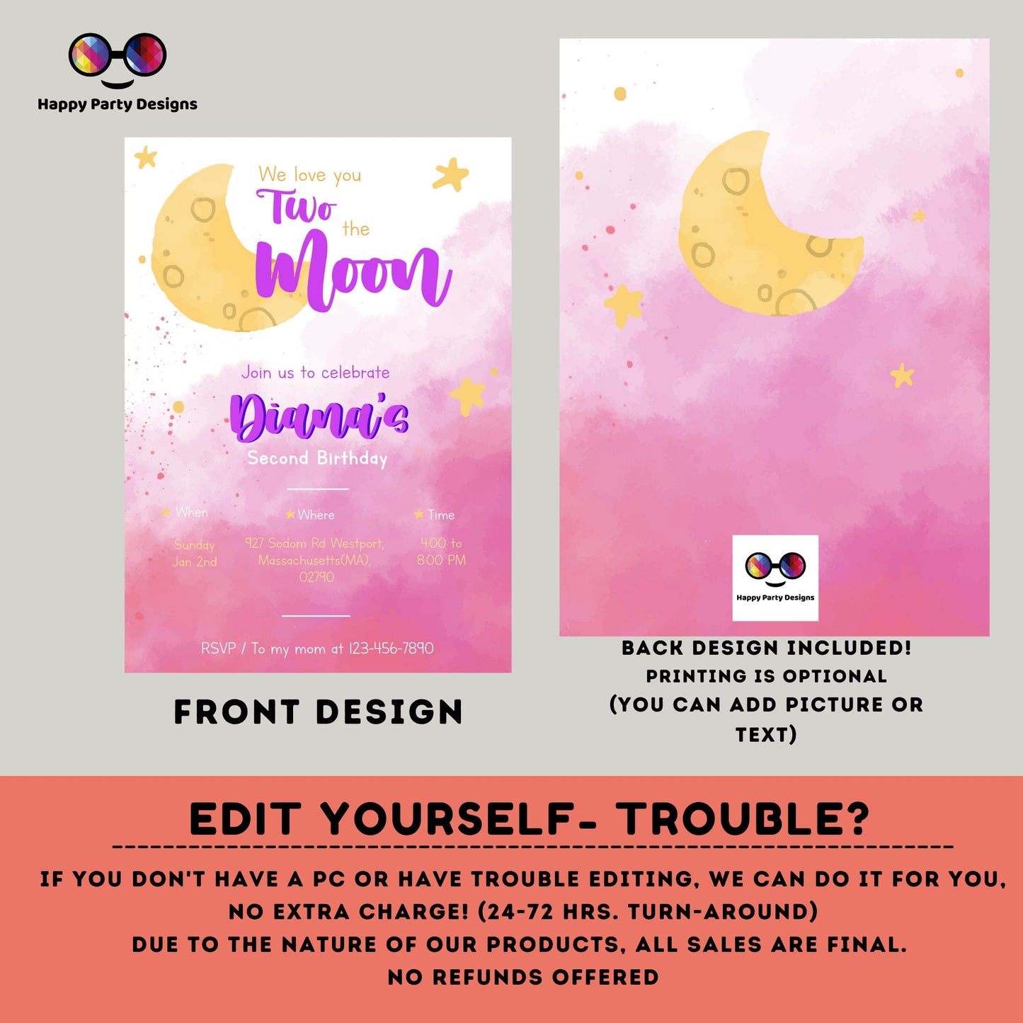 Editable Two the moon Birthday Invitation | girl Second Birthday Party | two-year-old | 2nd birthday party | Edit Yourself #K283
