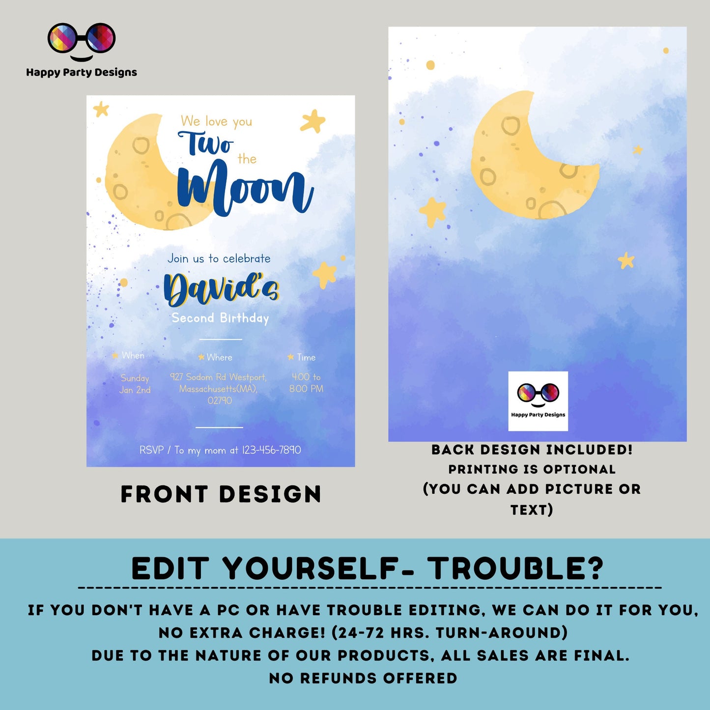 Editable Two the moon Birthday Invitation | boy Second Birthday Party | two-year-old | 2nd birthday party | Edit Yourself #K283