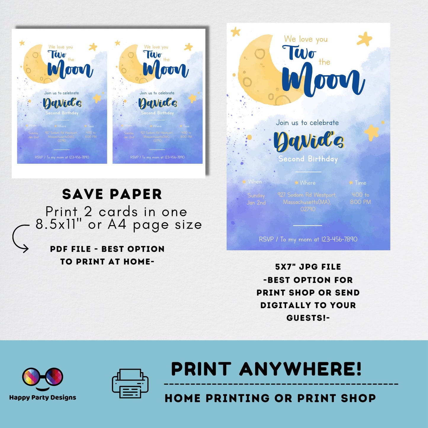 Editable Two the moon Birthday Invitation | boy Second Birthday Party | two-year-old | 2nd birthday party | Edit Yourself #K283
