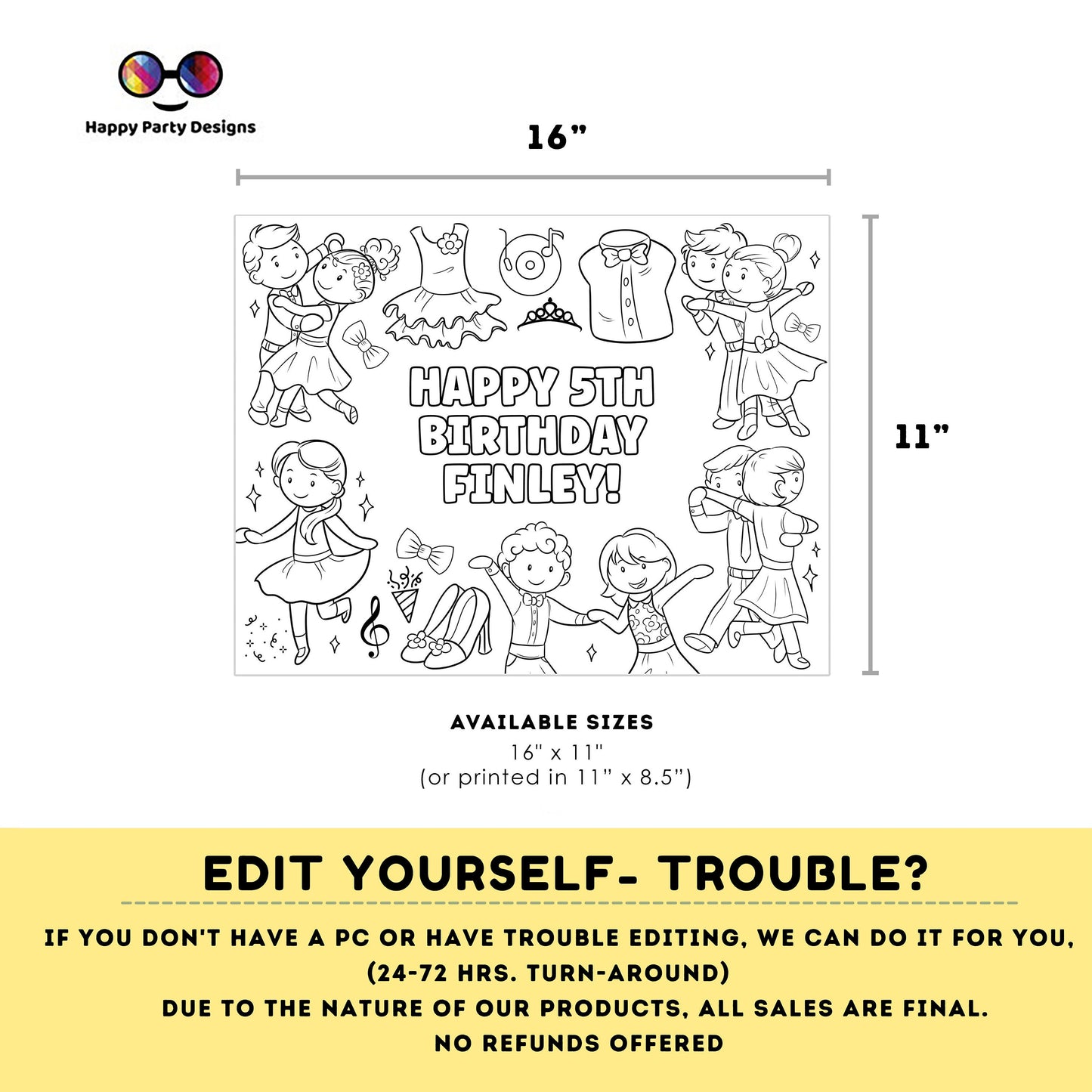 Editable ballroom dancer coloring page | Placemat coloring page | Any Age | Ballroom dancer birthday party | Ballroom Party Activity #K294