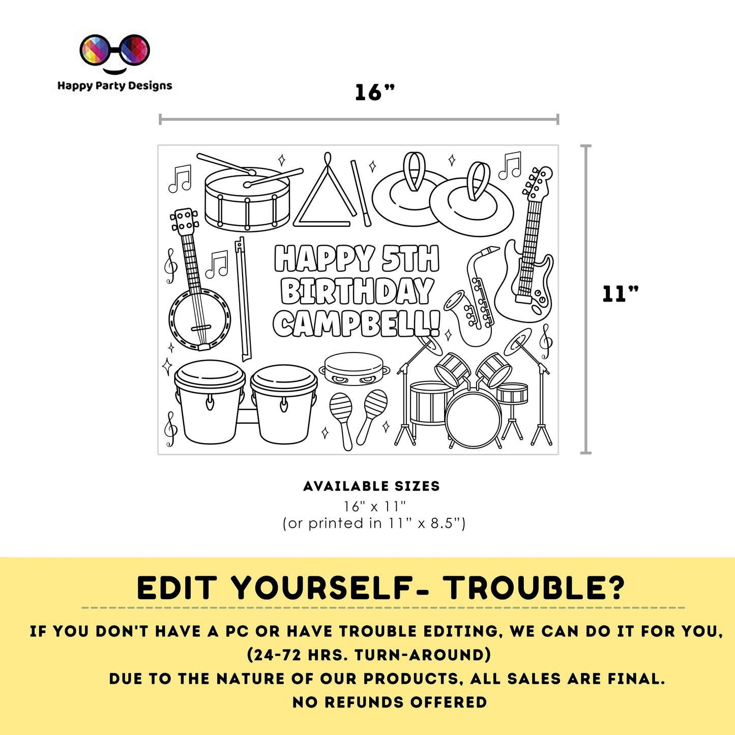 Editable musical instruments party coloring page | music placemat | Any Age | music birthday | Instruments Coloring Pages Music party #K256