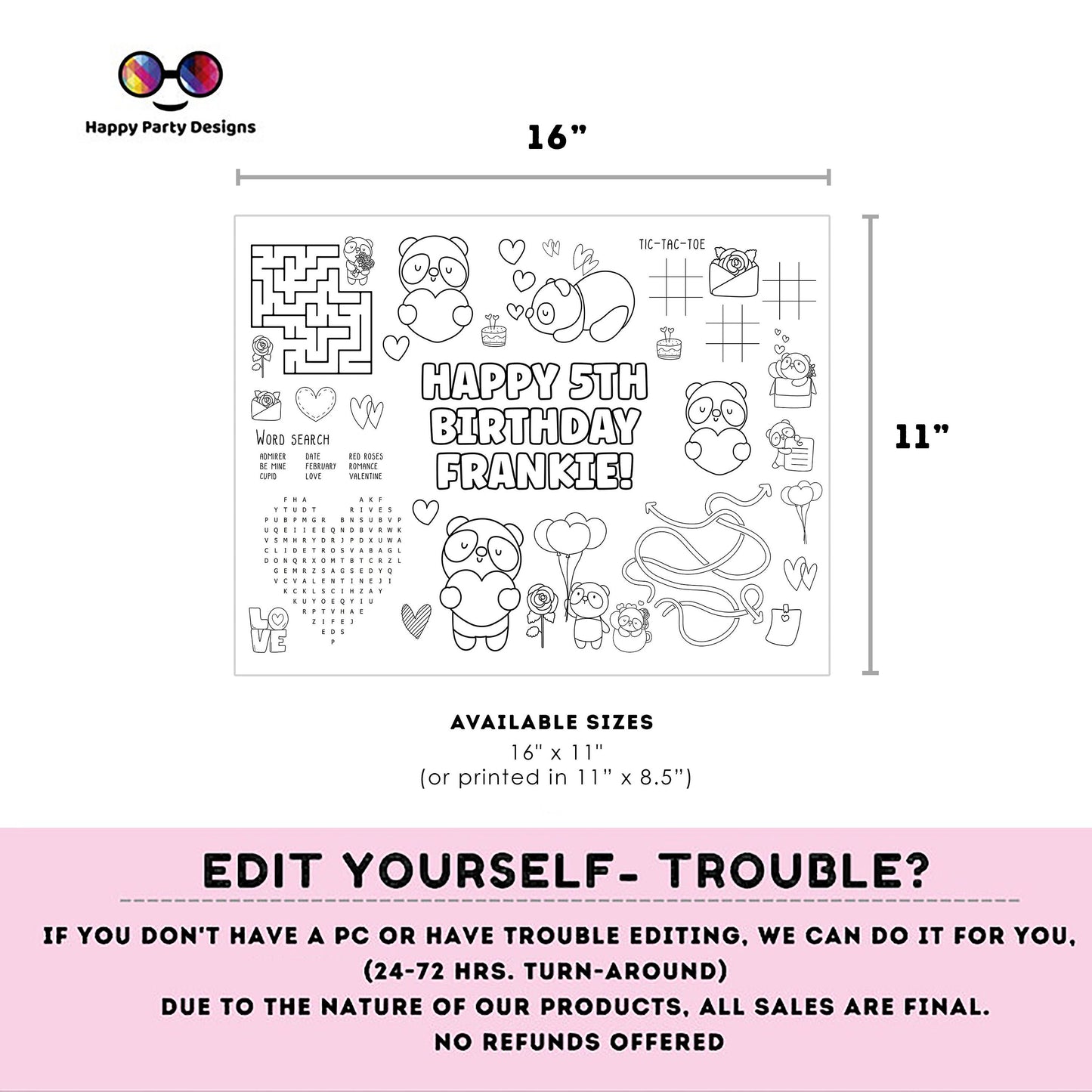 Editable cute panda coloring page | Valentine's | Any Age | Valentines Animals Birthday Party | Coloring page | Activity for kids #K297