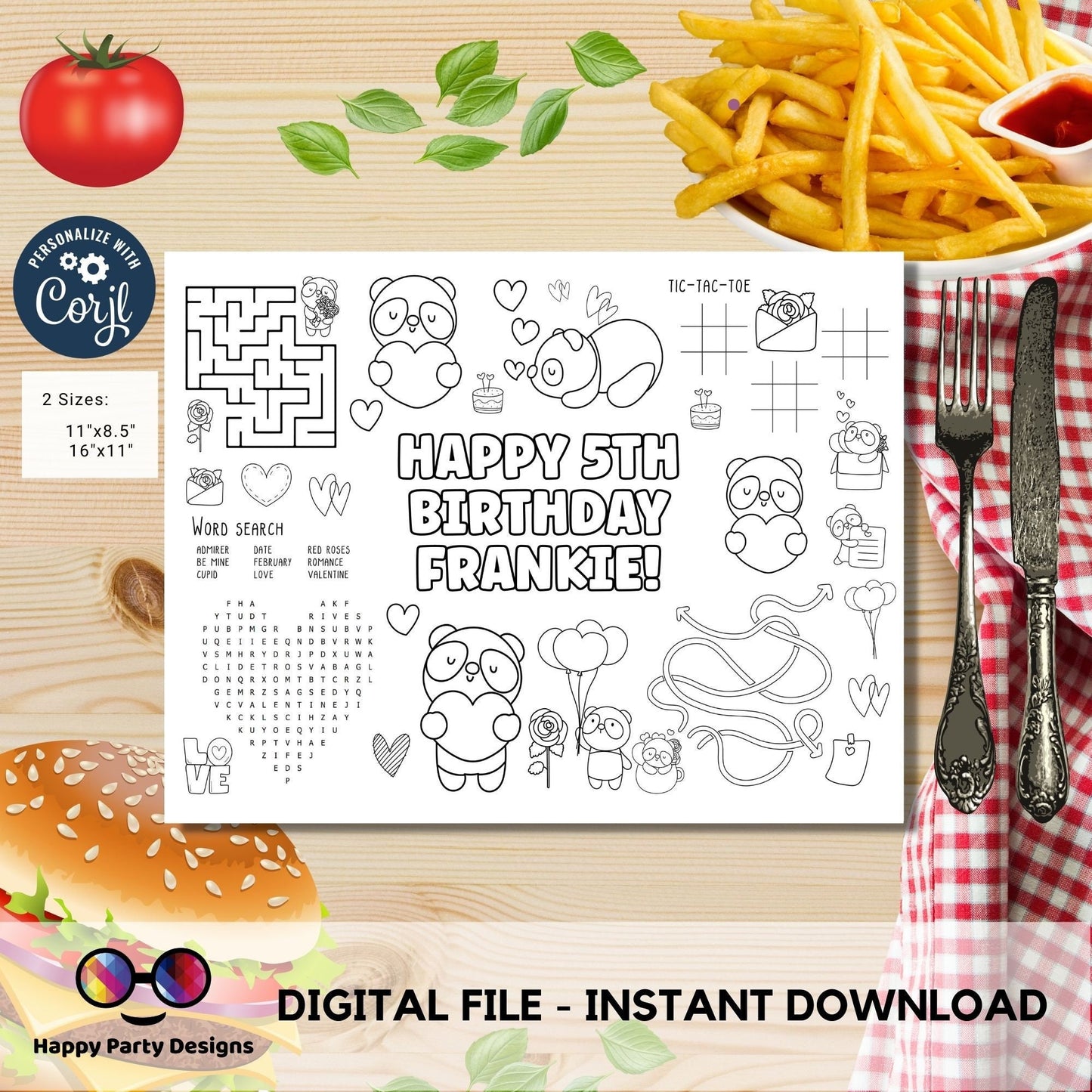Editable cute panda coloring page | Valentine's | Any Age | Valentines Animals Birthday Party | Coloring page | Activity for kids #K297