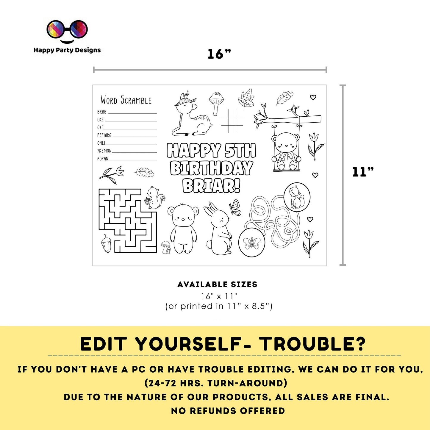 Editable woodland baby animals coloring page | First birthday | Any Age | Forest Animals Birthday Party | Teddy bear, bunny, reindeer #B16