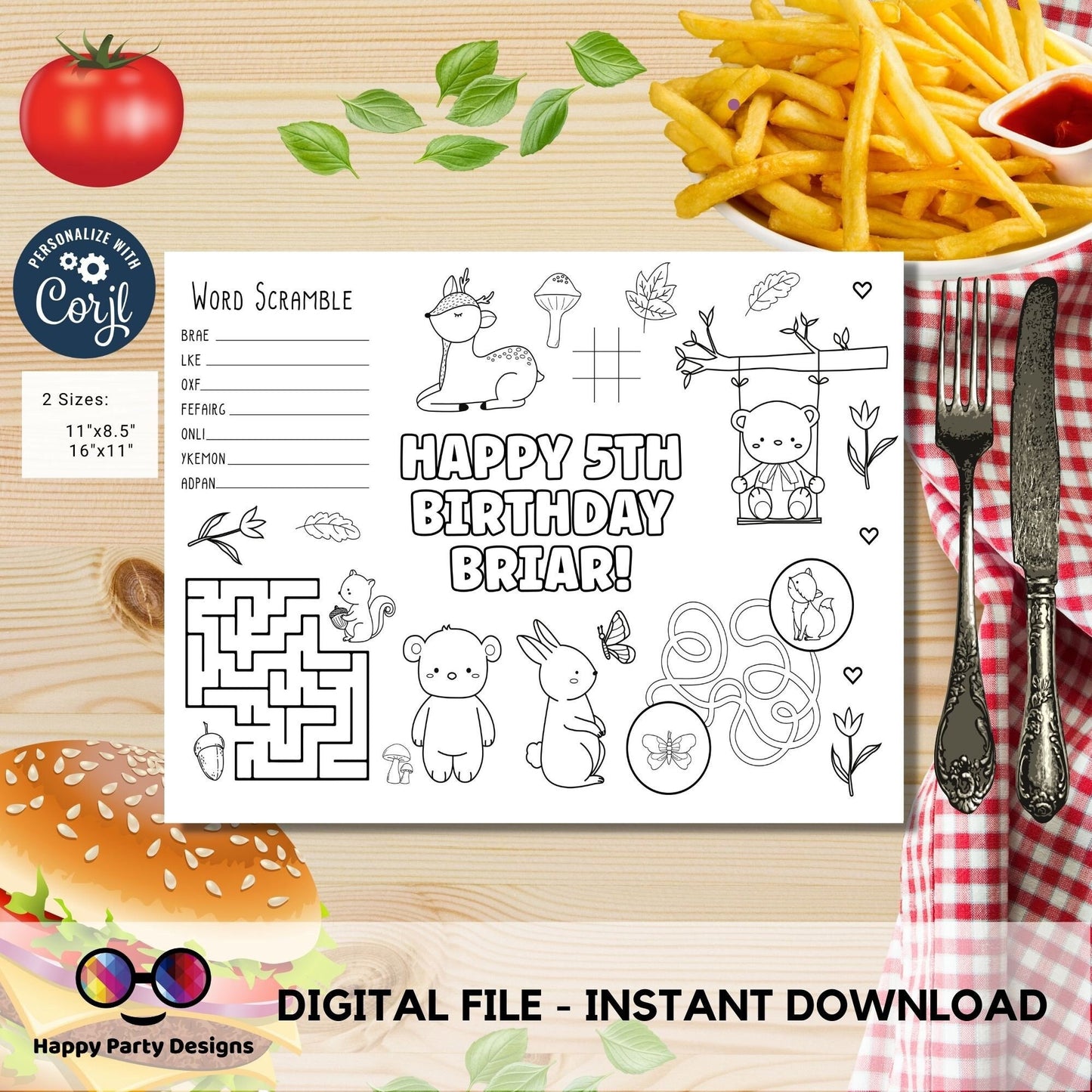 Editable woodland baby animals coloring page | First birthday | Any Age | Forest Animals Birthday Party | Teddy bear, bunny, reindeer #B16
