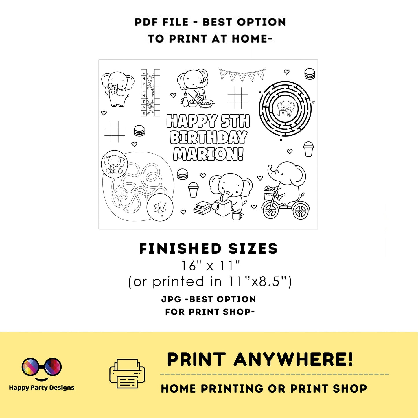 Editable elephant baby coloring page | First birthday | Any Age | baby elephant | Birthday Party | Baby shower #B18