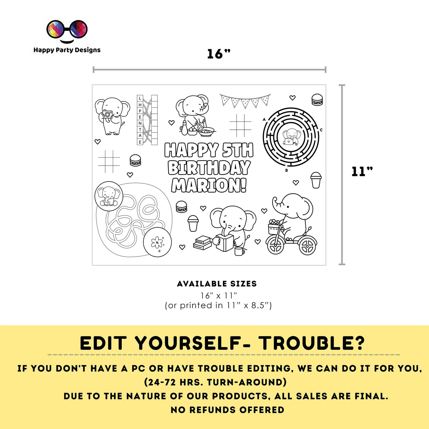 Editable elephant baby coloring page | First birthday | Any Age | baby elephant | Birthday Party | Baby shower #B18