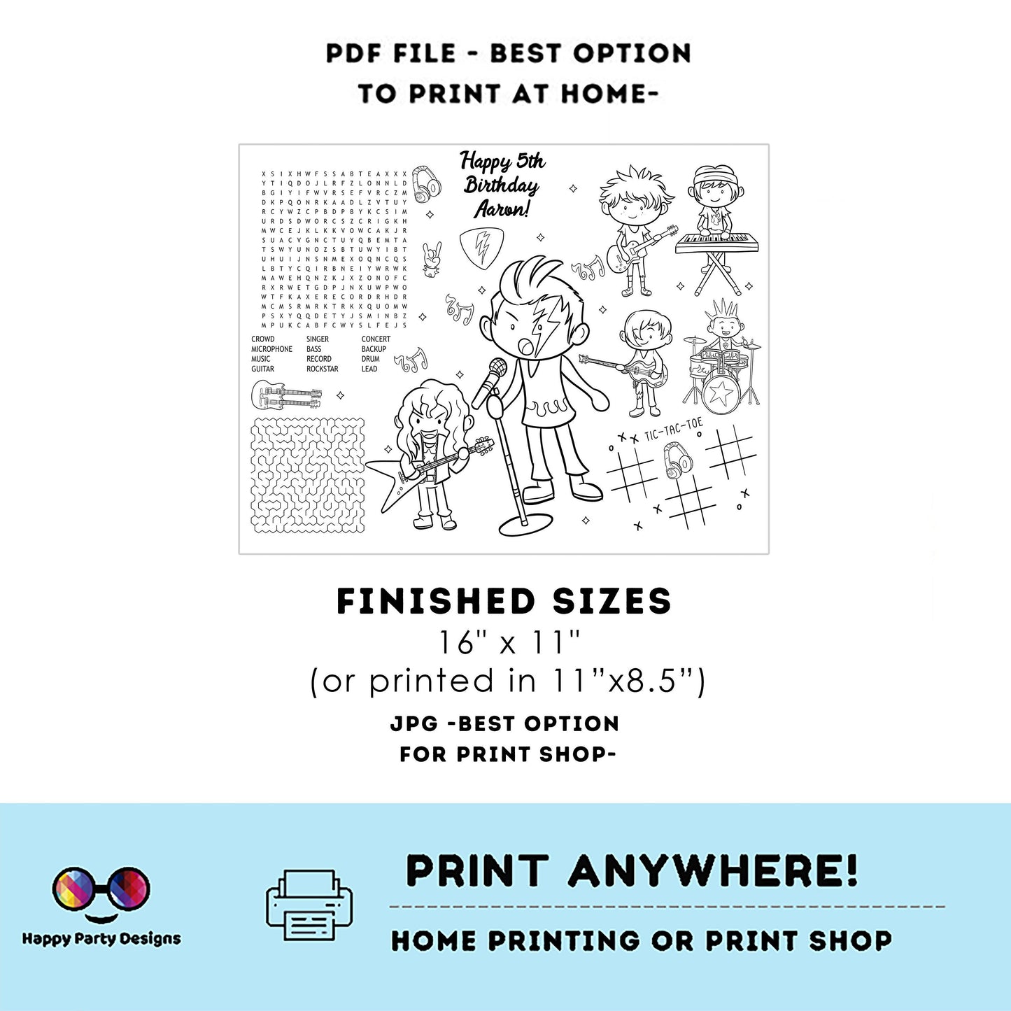 Editable Rockstar Birthday coloring page | Placemat coloring page | Any Age | Rock and Roll birthday party activity | bag filler #K262