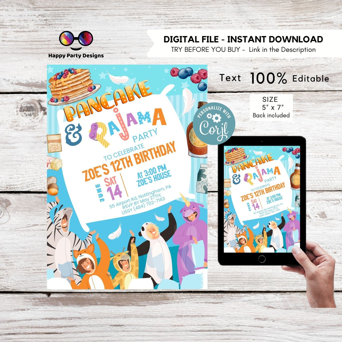 Editable Pancake and pajamas Party Invitation | Sleepover party Invitation printable | Slumber Party Invitation |Sleepover invite #K300