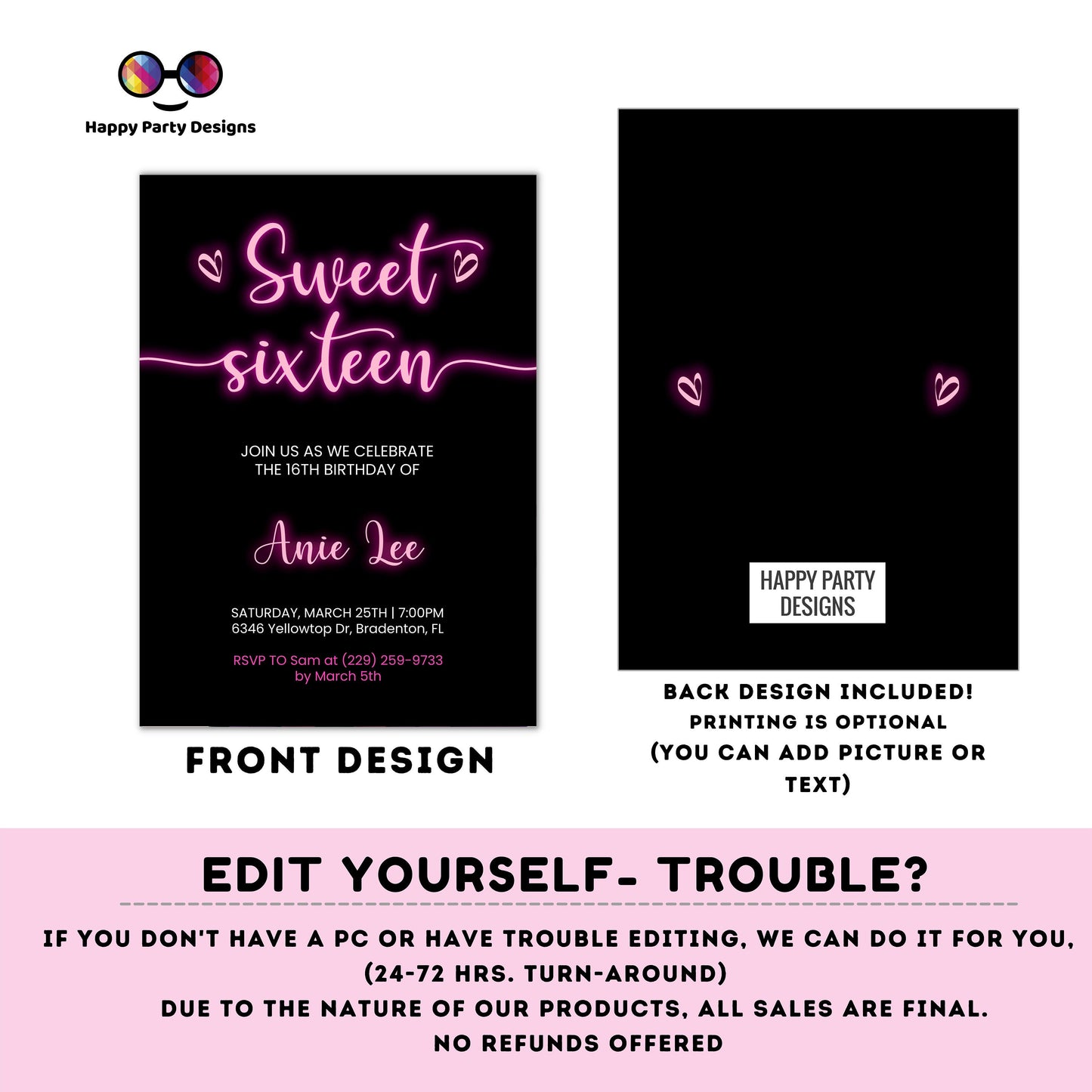 Editable Sweet Sixteen Invitation | Neon Pink Birthday Invitation | 16th Birthday | Girl Birthday | Neon Pink Girl Party #302