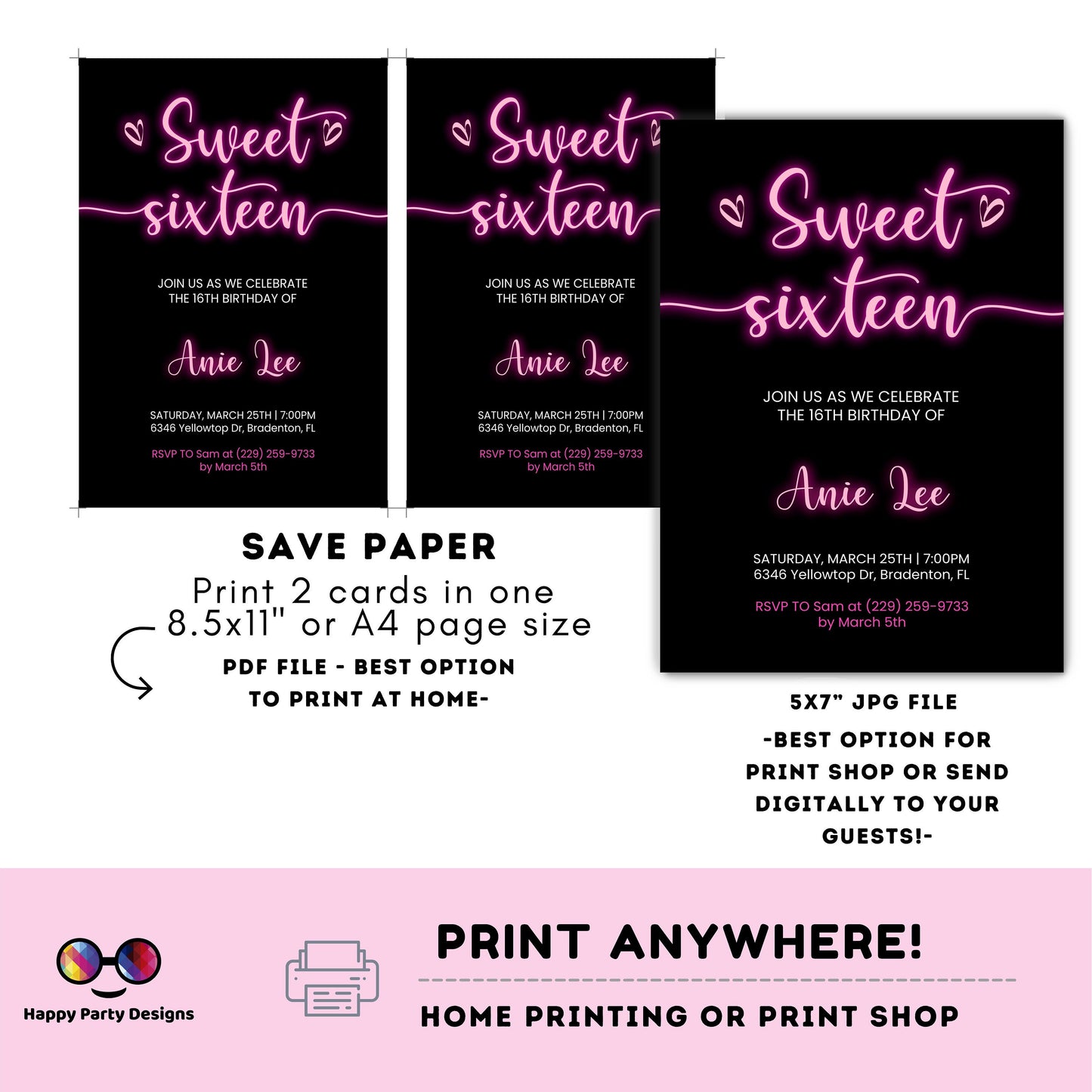 Editable Sweet Sixteen Invitation | Neon Pink Birthday Invitation | 16th Birthday | Girl Birthday | Neon Pink Girl Party #302
