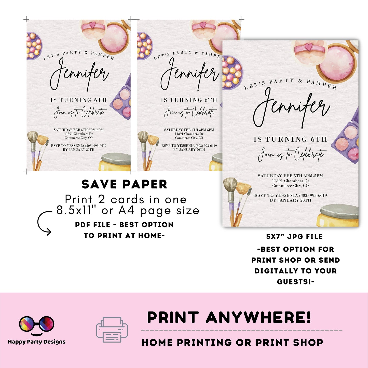 Editable Manicures pedicures and Facials Party | girls spa party invitation editable template | Lets party and pamper birthday #K304