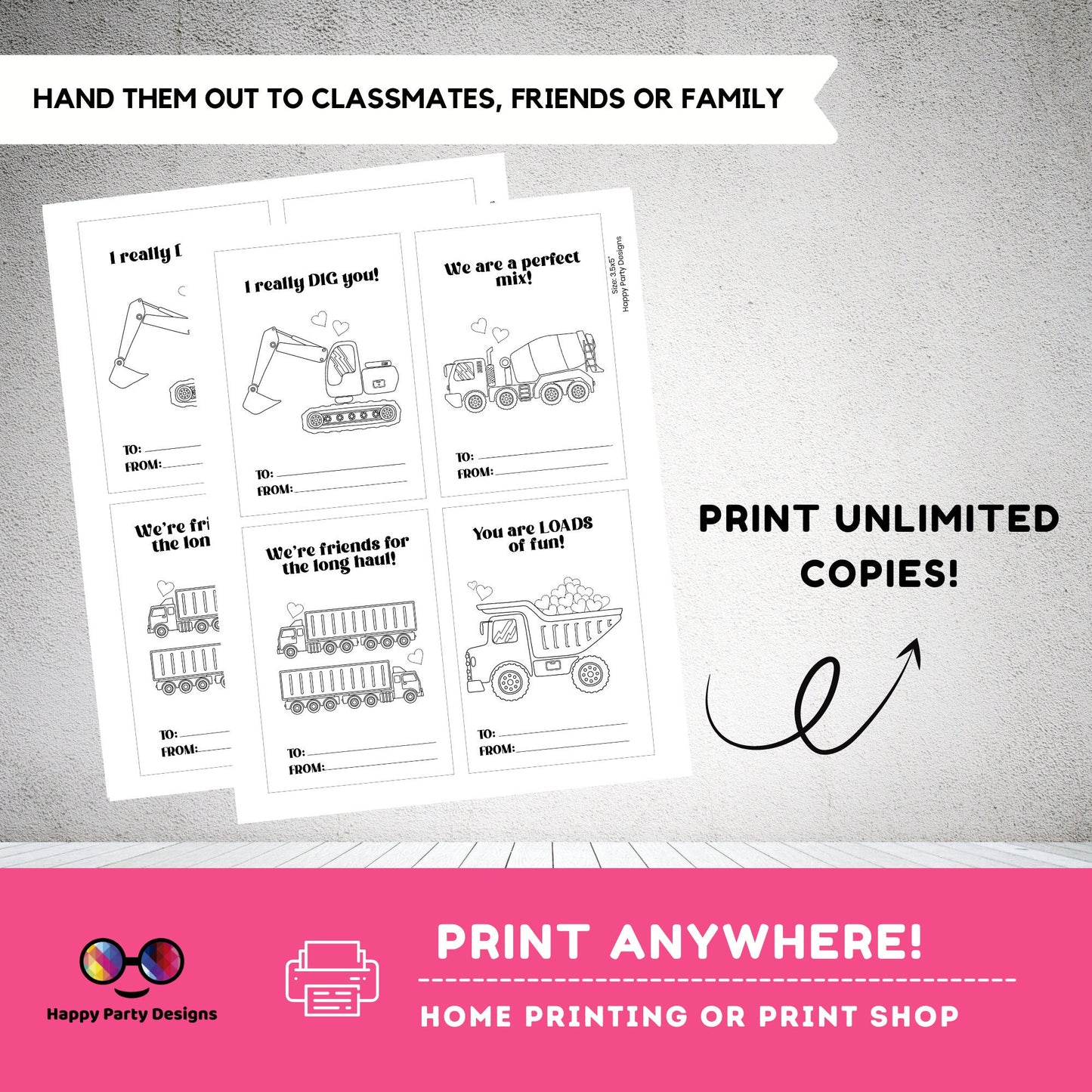 Valentines Printable Coloring Cards INSTANT DOWNLOAD Set of 4 | Valentines trucks Coloring Activity Valentines activity Valentines for kids