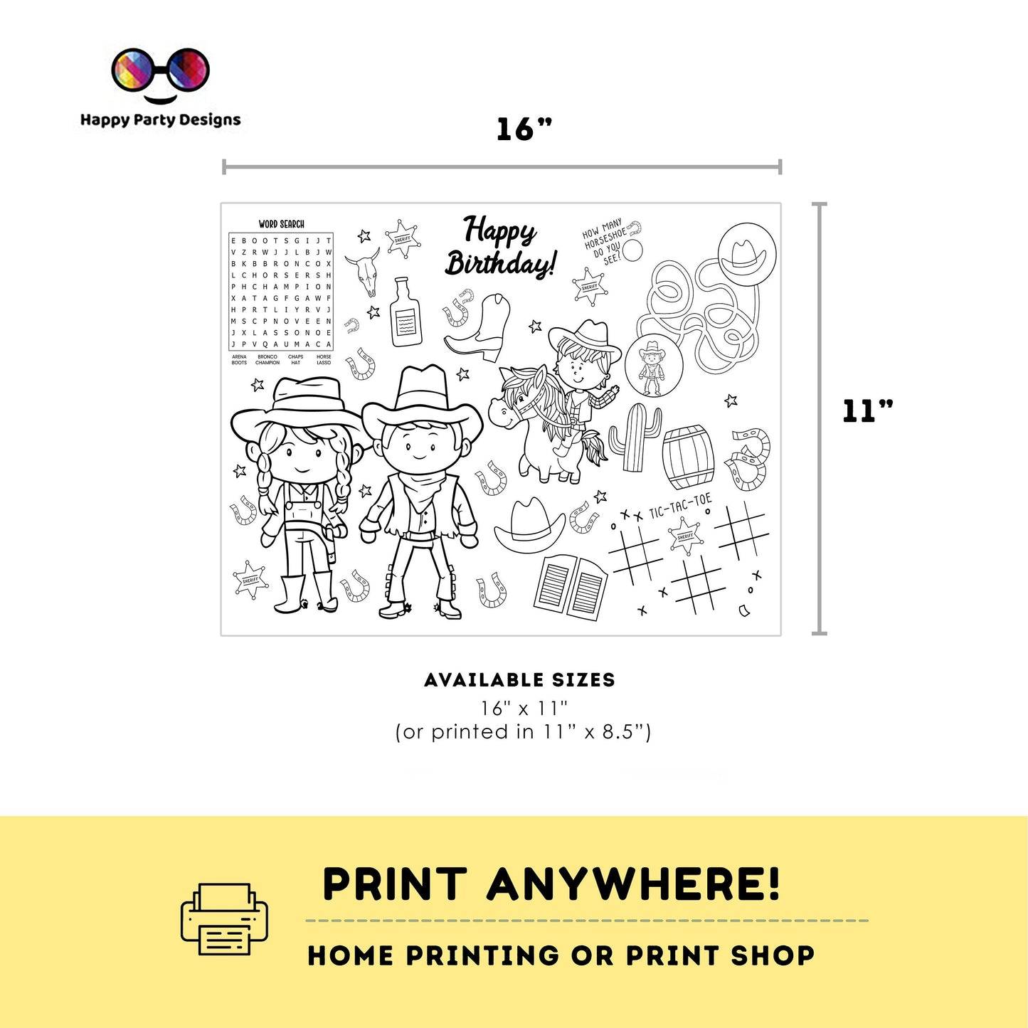 Instant download cowboys coloring page | Placemat coloring page | Any Age | Rodeo birthday | Party Activity | Loot Bag Party Favor #K292