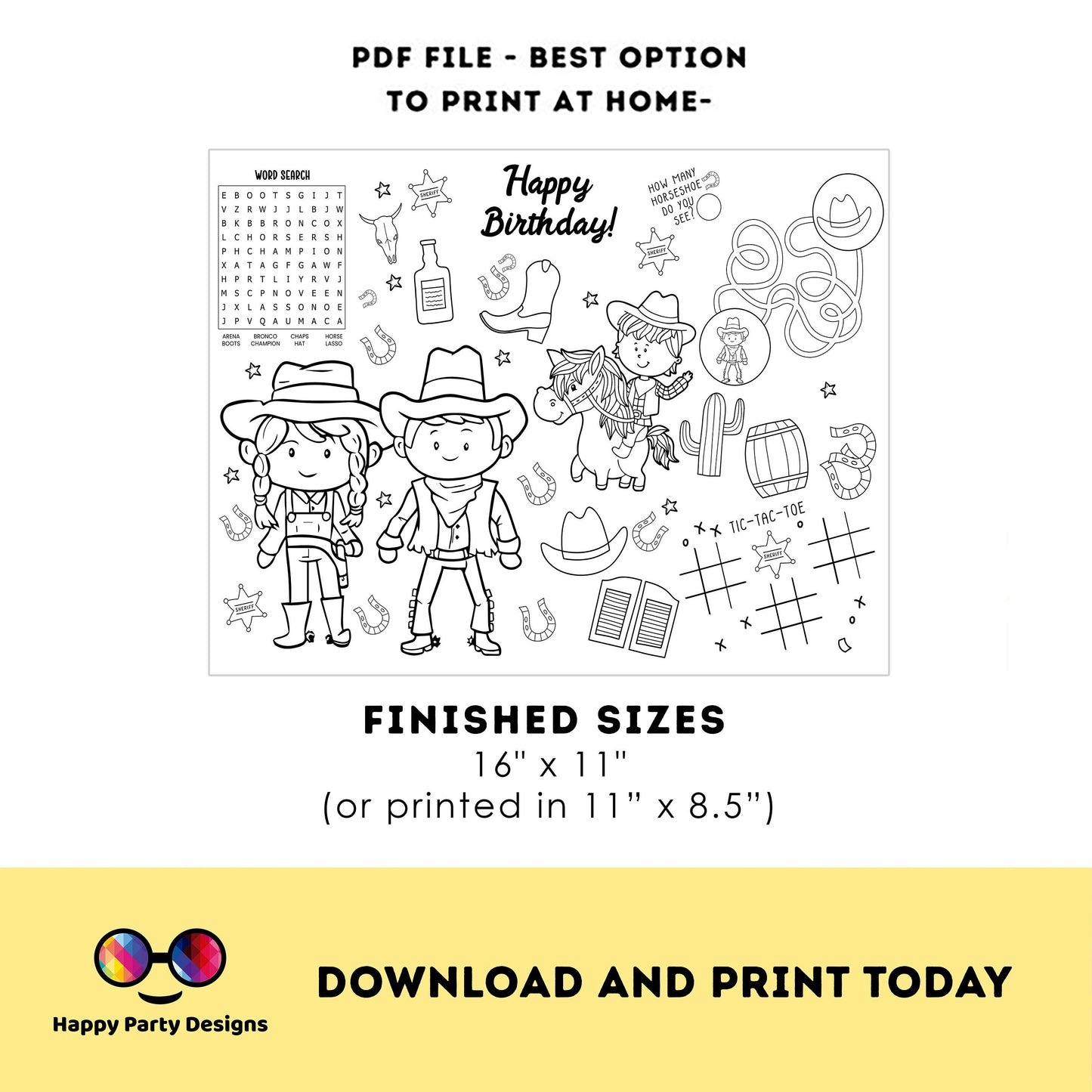 Instant download cowboys coloring page | Placemat coloring page | Any Age | Rodeo birthday | Party Activity | Loot Bag Party Favor #K292