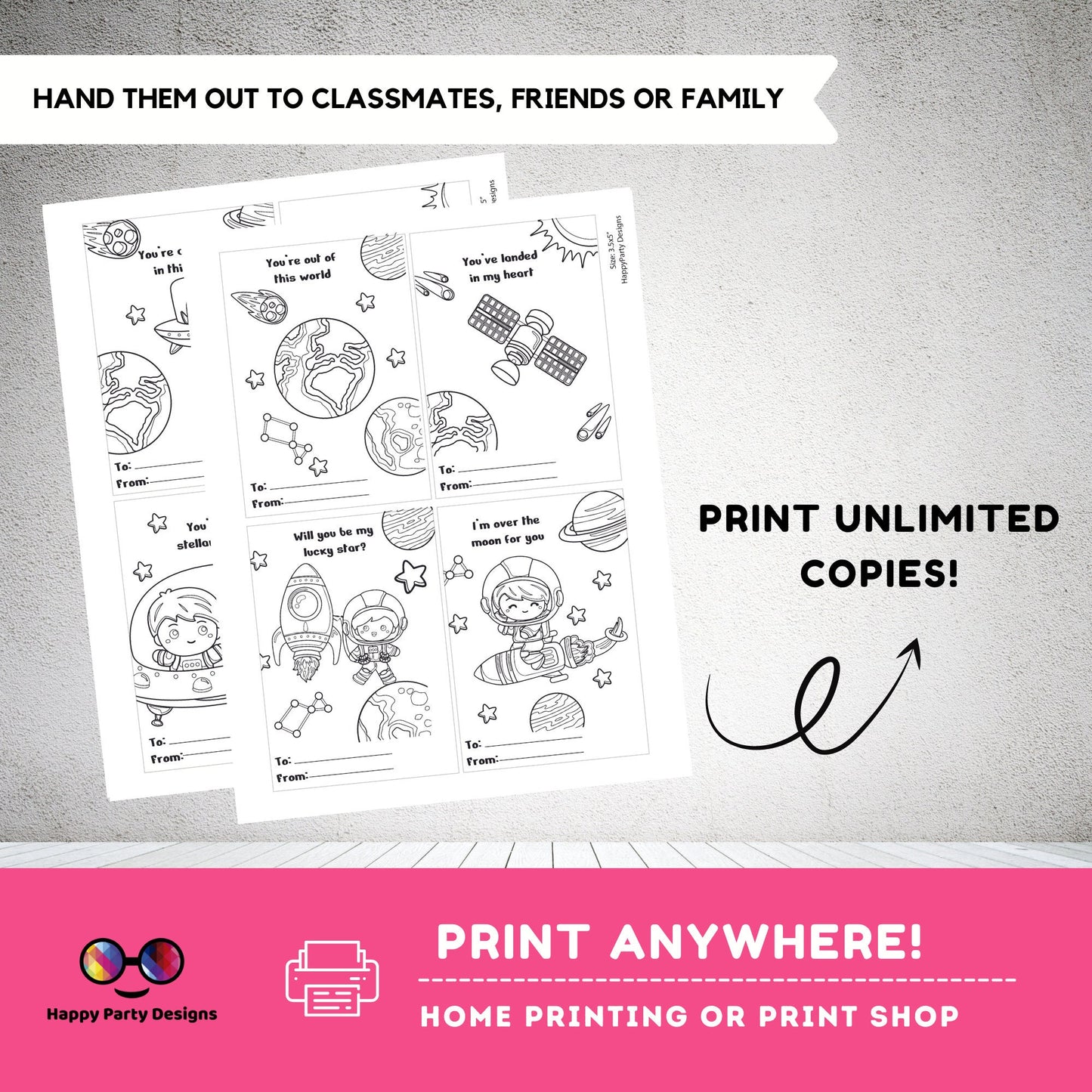 Valentines Printable Coloring Cards INSTANT DOWNLOAD Set of 8 | Space Valentines Coloring Activity Valentines activity | Valentines for kids