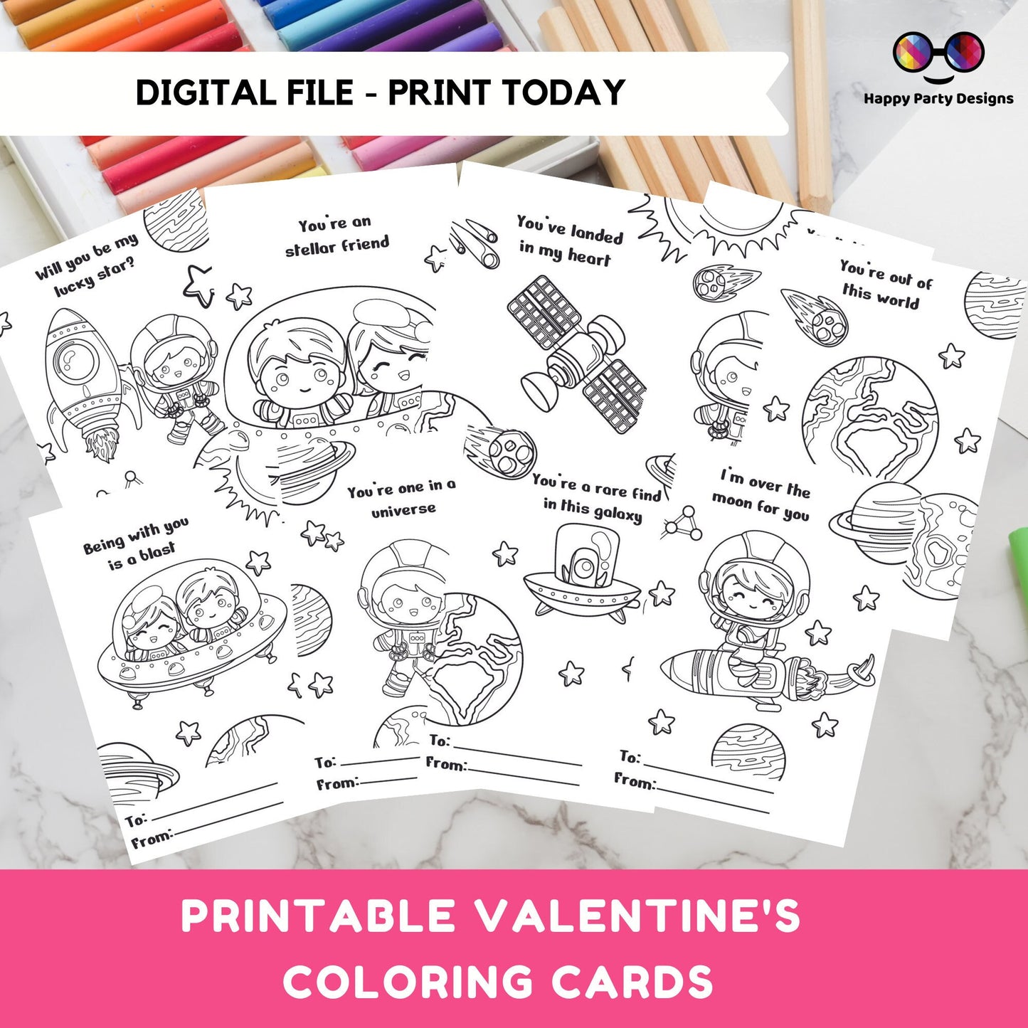 Valentines Printable Coloring Cards INSTANT DOWNLOAD Set of 9 | Space Valentines Coloring Activity Valentines activity | Valentines for kids